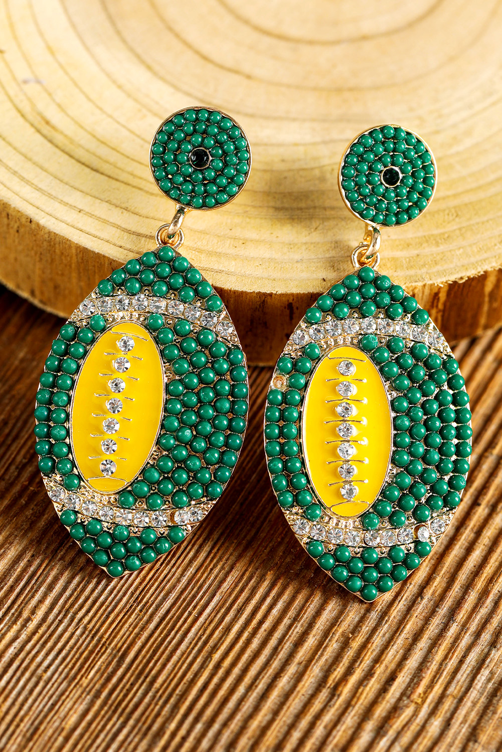 Dark Green Beaded Rhinestone Rugby Football Drop Earrings - loveforevers