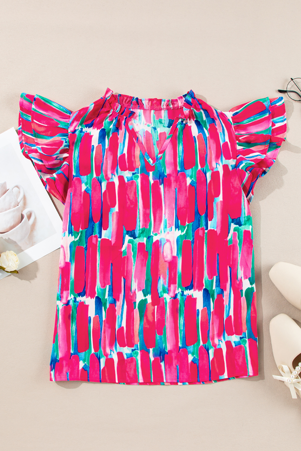 Rose Abstract Brush Print Ruffled Sleeve Frill V Neck Blouse - loveforevers
