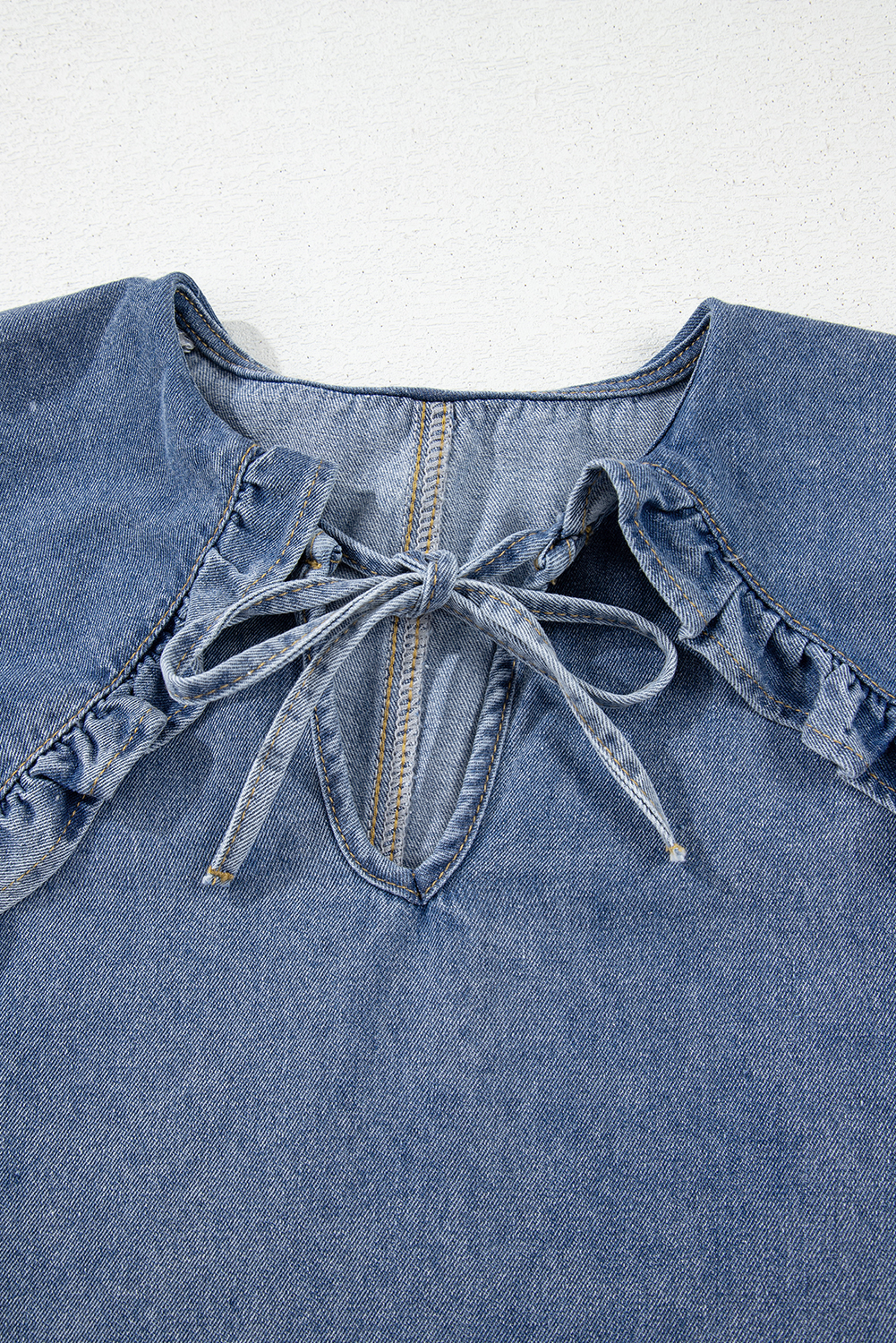 Dusk Blue Ruffled Collared Side Pockets Puff Sleeve Denim Mini Dress - loveforevers