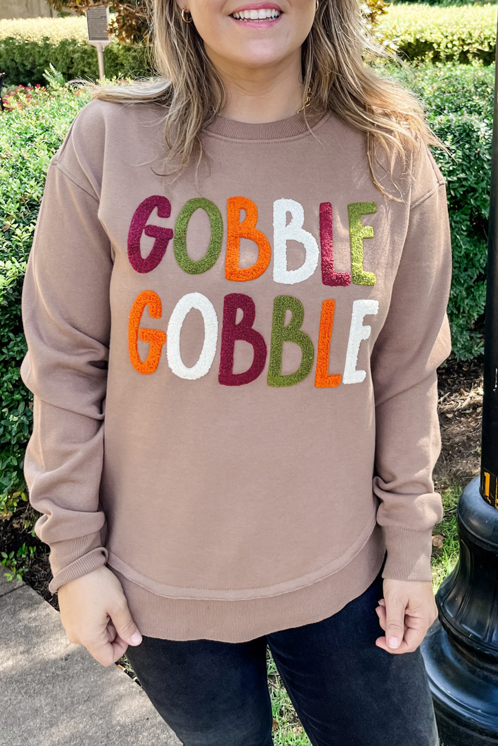 Dark Khaki GOBBLE Letter Graphic Thanksgiving Shift Sweatshirt - loveforevers