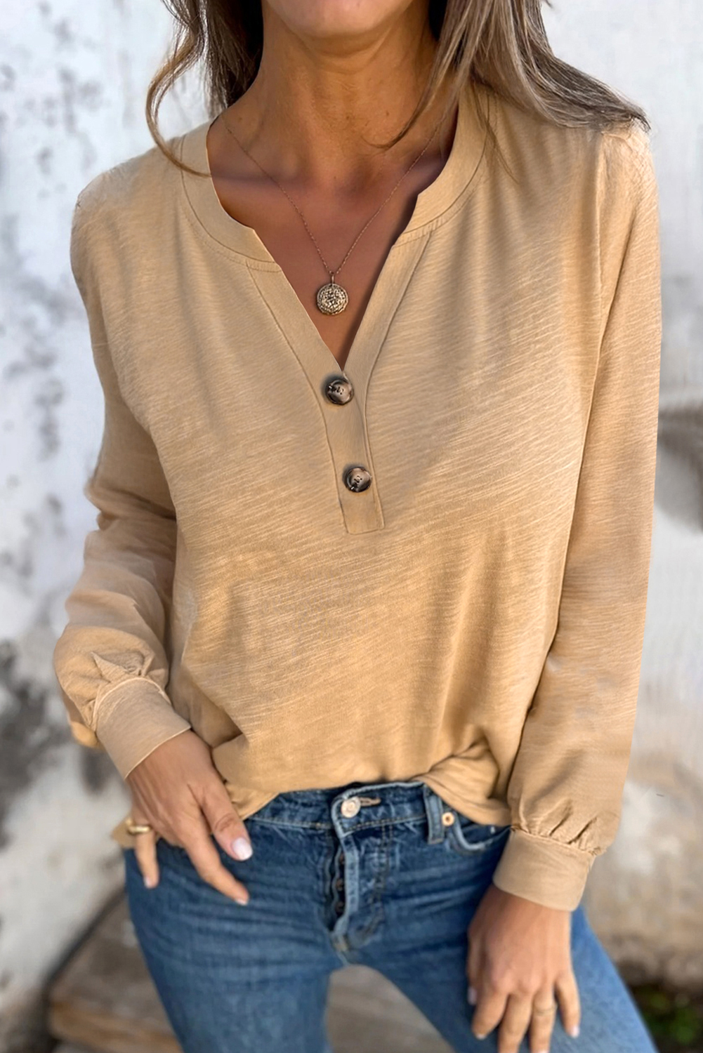 Light French Beige Solid Color Button V Neck Long Sleeve Top - loveforevers