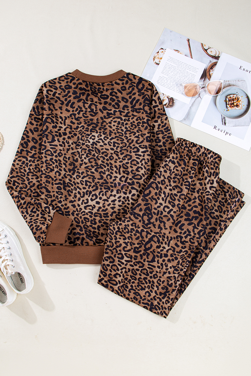 Coffee Leopard Print Contrast Trim Long Sleeve Top and Pants Set - loveforevers