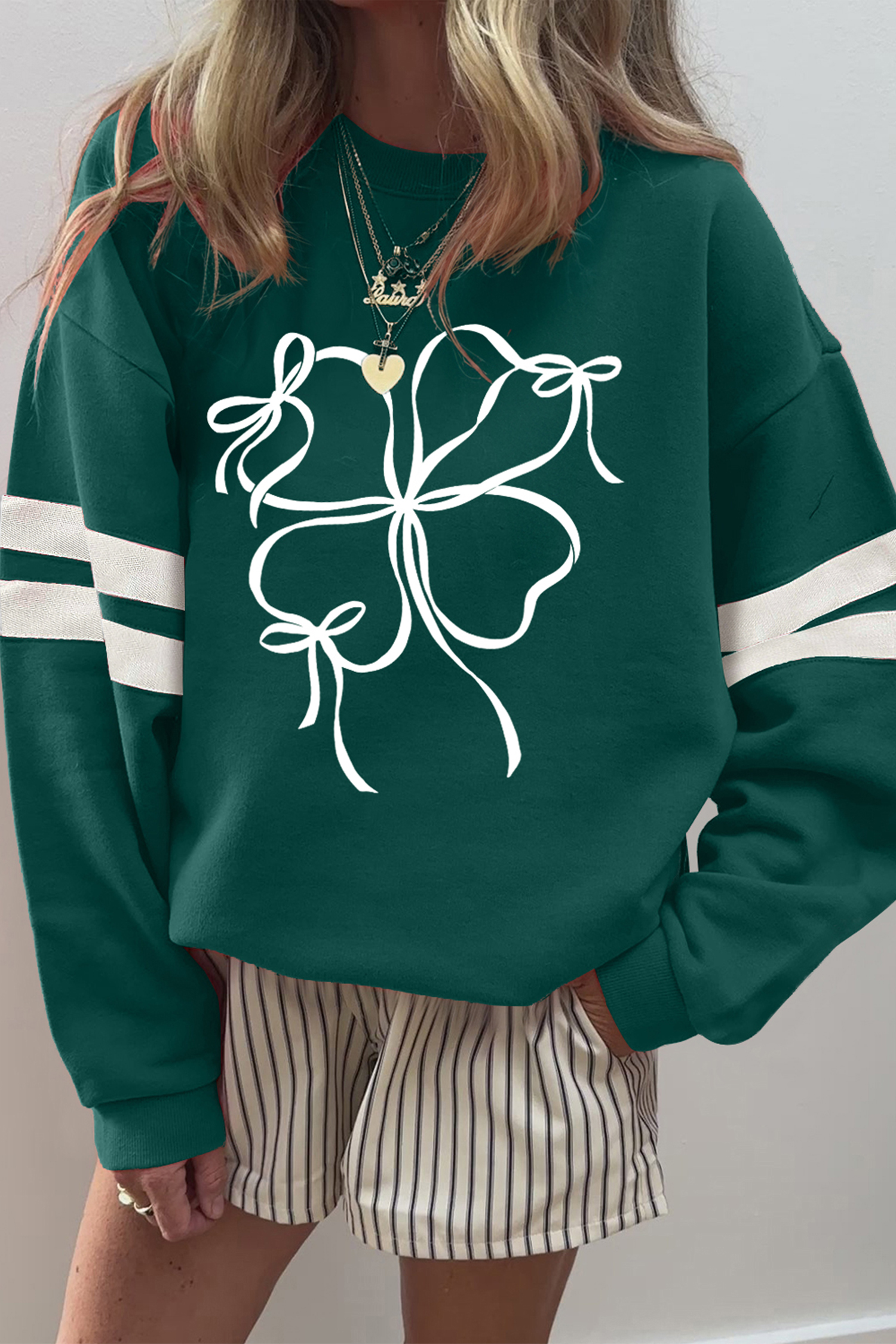 Evergreen Ribbon Bow Lucky Clover Varsity Striped Sleeve Casual Sweatshirt - loveforevers