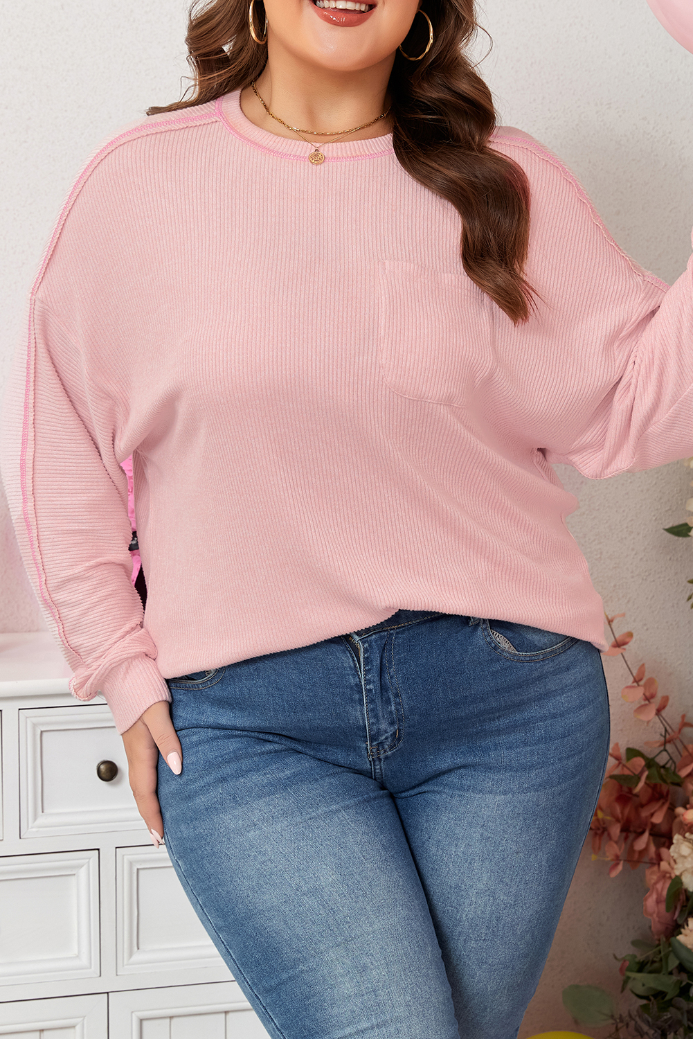 Bonbon Ribbed Exposed Seam Round Neck Chest Pocket Plus Knit Top - loveforevers