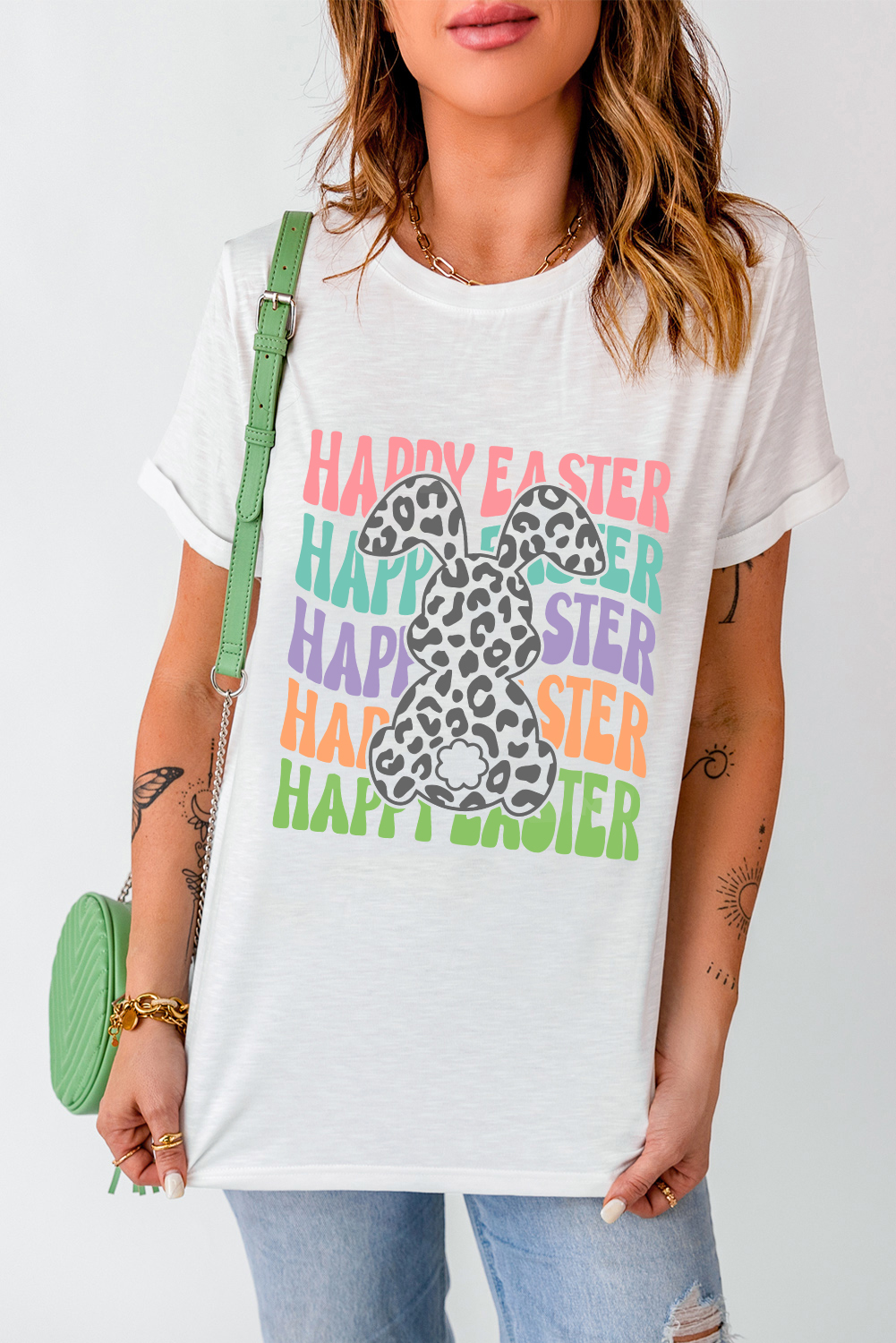 White Rabbit Bow Knot Print Crew Neck T Shirt - loveforevers