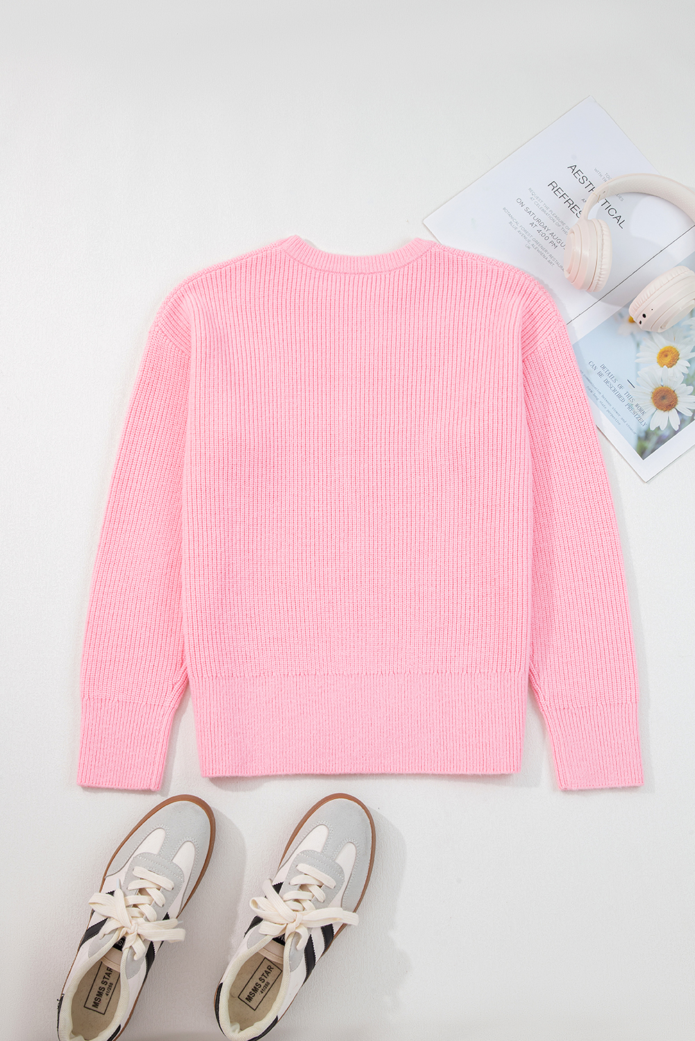 Pink Merry Candy Cane Puffy Knit Crew Neck Sweater - loveforevers