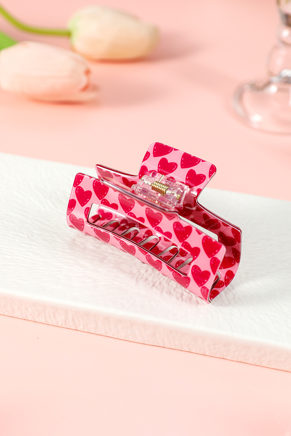 Fiery Red Heart Print Hollow Out Square Hair Claw Clip - loveforevers