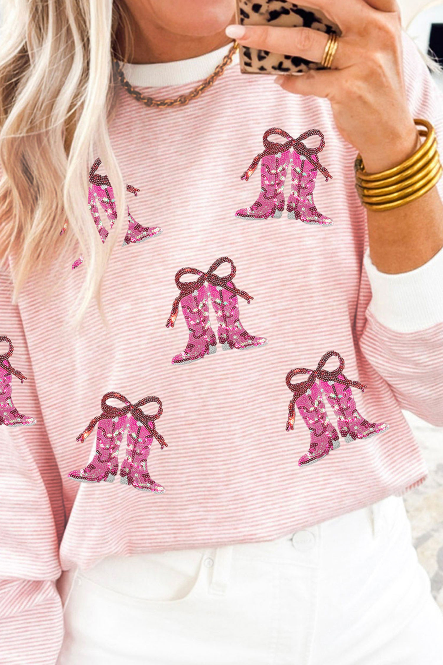 Pink Stripe Cowgirl Boots Sequin Pattern Round Neck Long Sleeve T Shirt - loveforevers