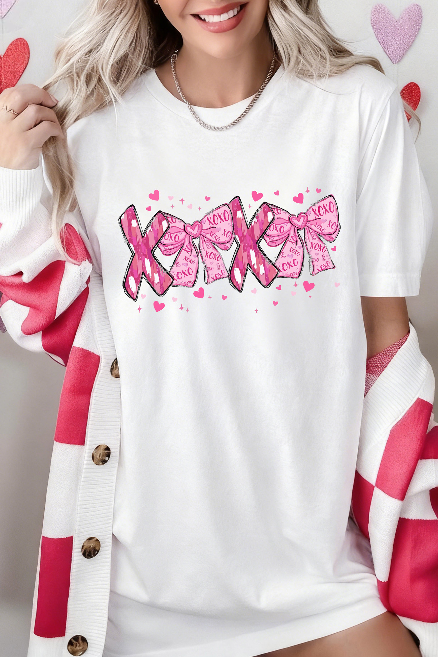 White Valentines Day XOXO Bow Printed T Shirt - loveforevers