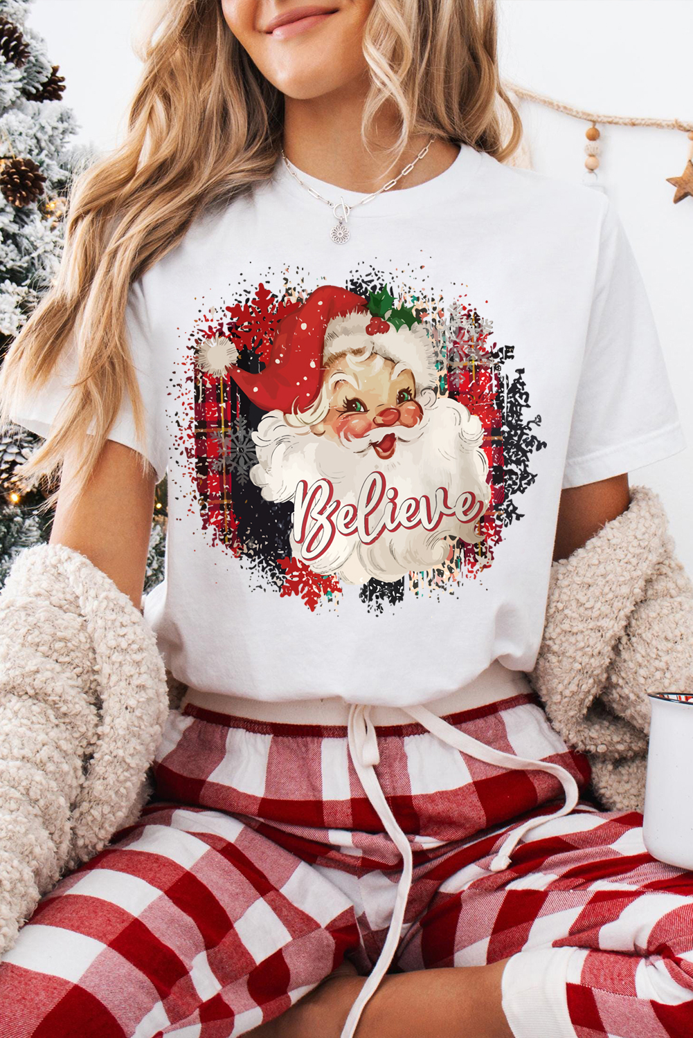 White Believe Christmas Father Graphic Crewneck T Shirt - loveforevers