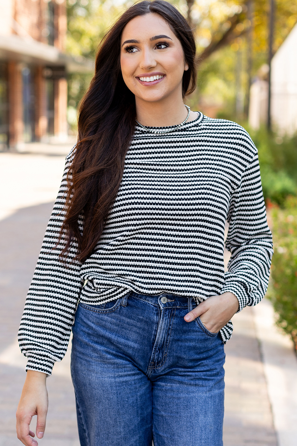 Black Stripe Round Neck Drop Shoulder Long Sleeve Top - loveforevers