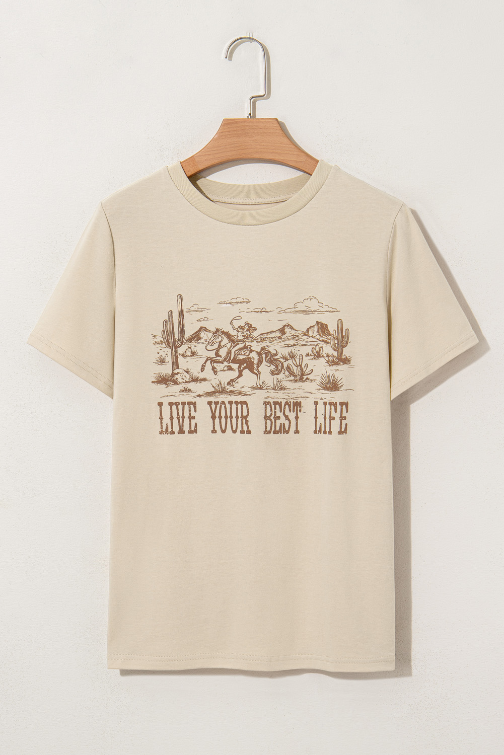 Beige LIVE YOUR BEST LIFE Crew Neck Western Graphic Tee - loveforevers