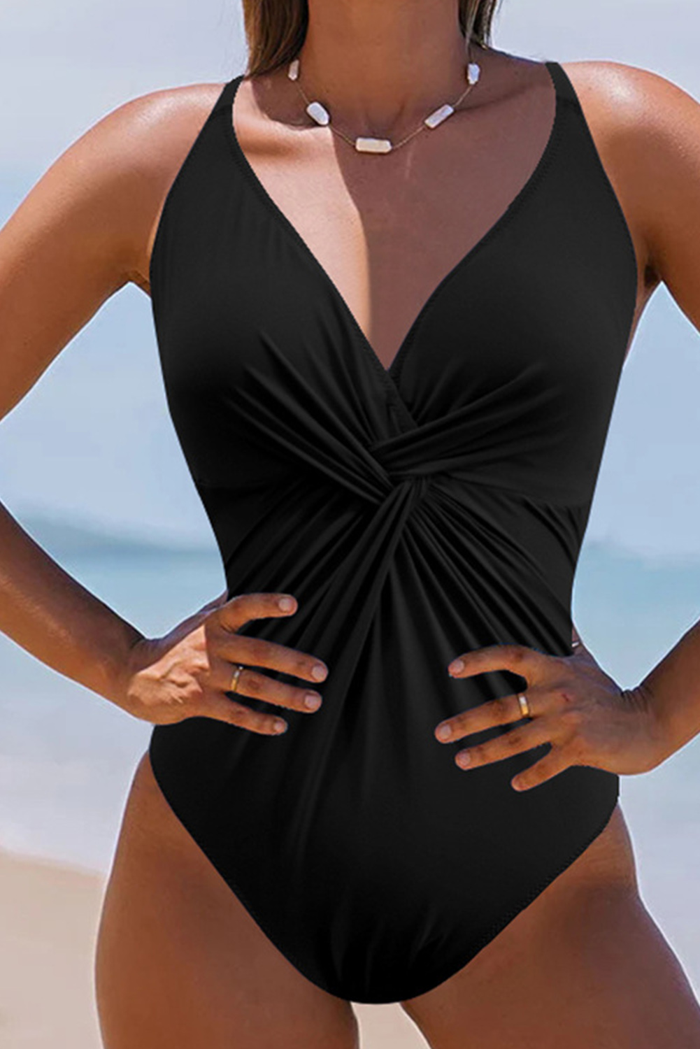Black V Neck Twist Ruched Crisscross Backless One-Piece Swimsuit - loveforevers