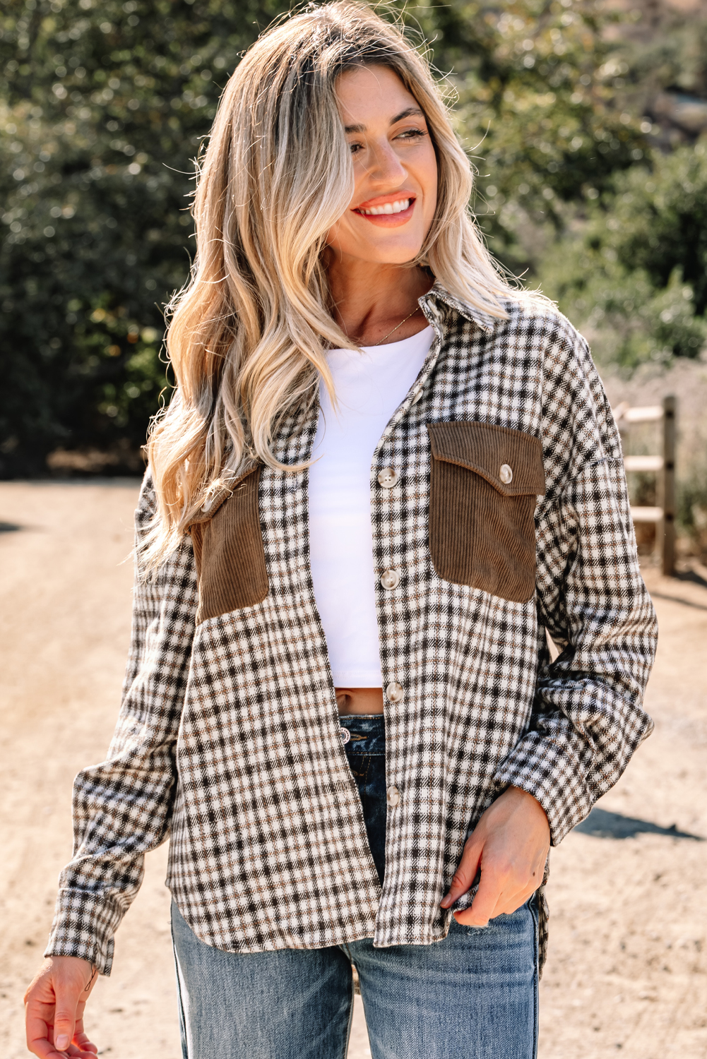 Casual Contrast Corduroy Flap Pocket Patchwork Plaid Shacket - loveforevers