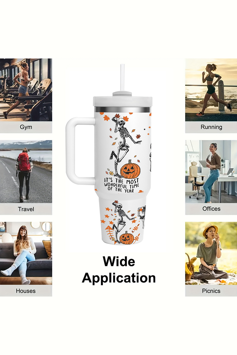 White 1200ml Halloween Dancing Skeleton Pumpkin Face Printed Thermos Cup - loveforevers