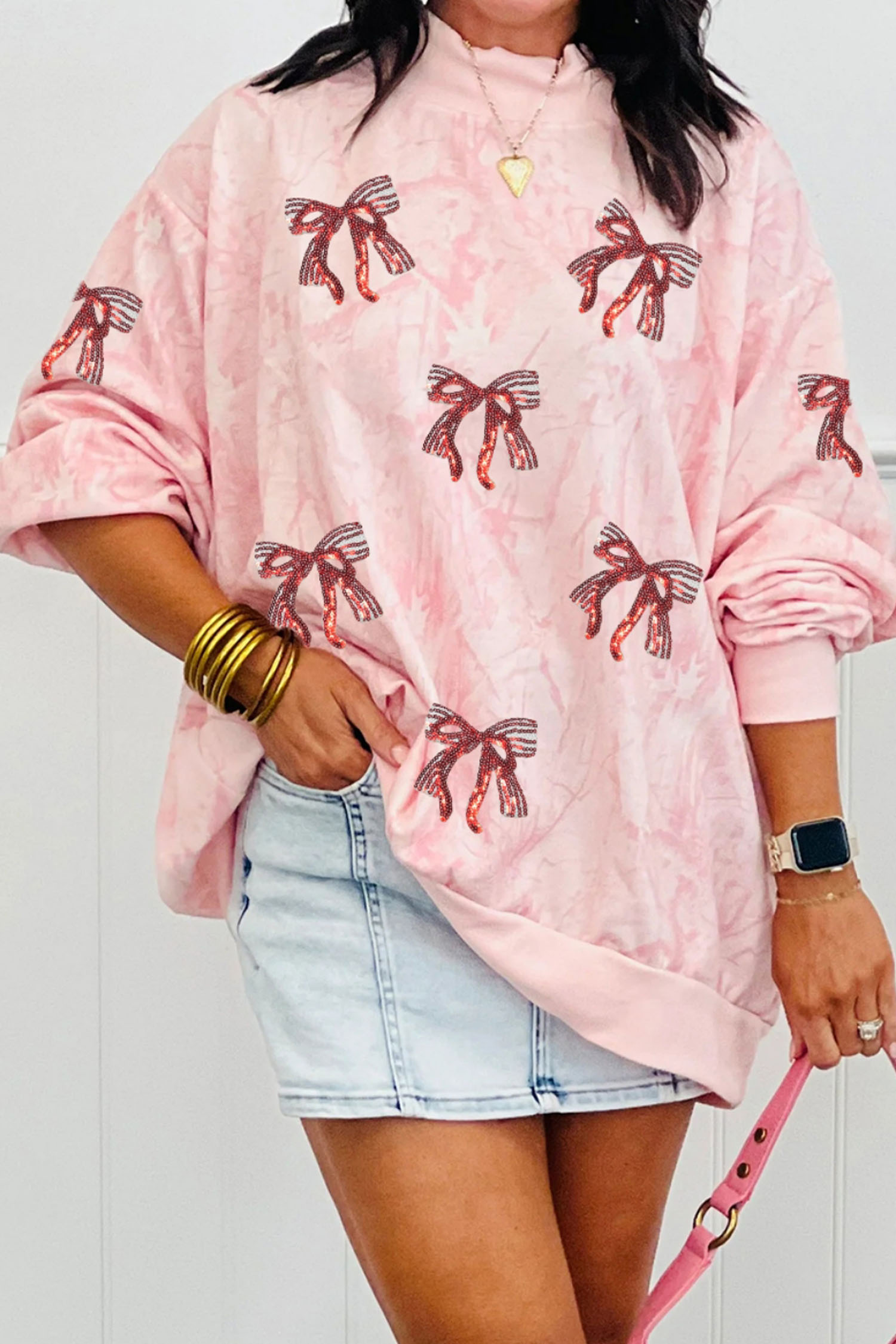 Pink Tie Dye Camo Sequin Love Heart Patched Mock Neck Sweatshirt - loveforevers