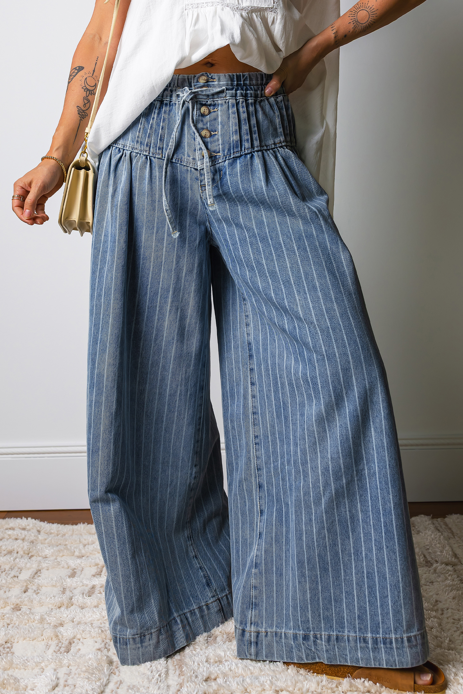 Sky Blue Stripe Button Pleated Drawstring Waist Casual Wide Leg Jeans - loveforevers