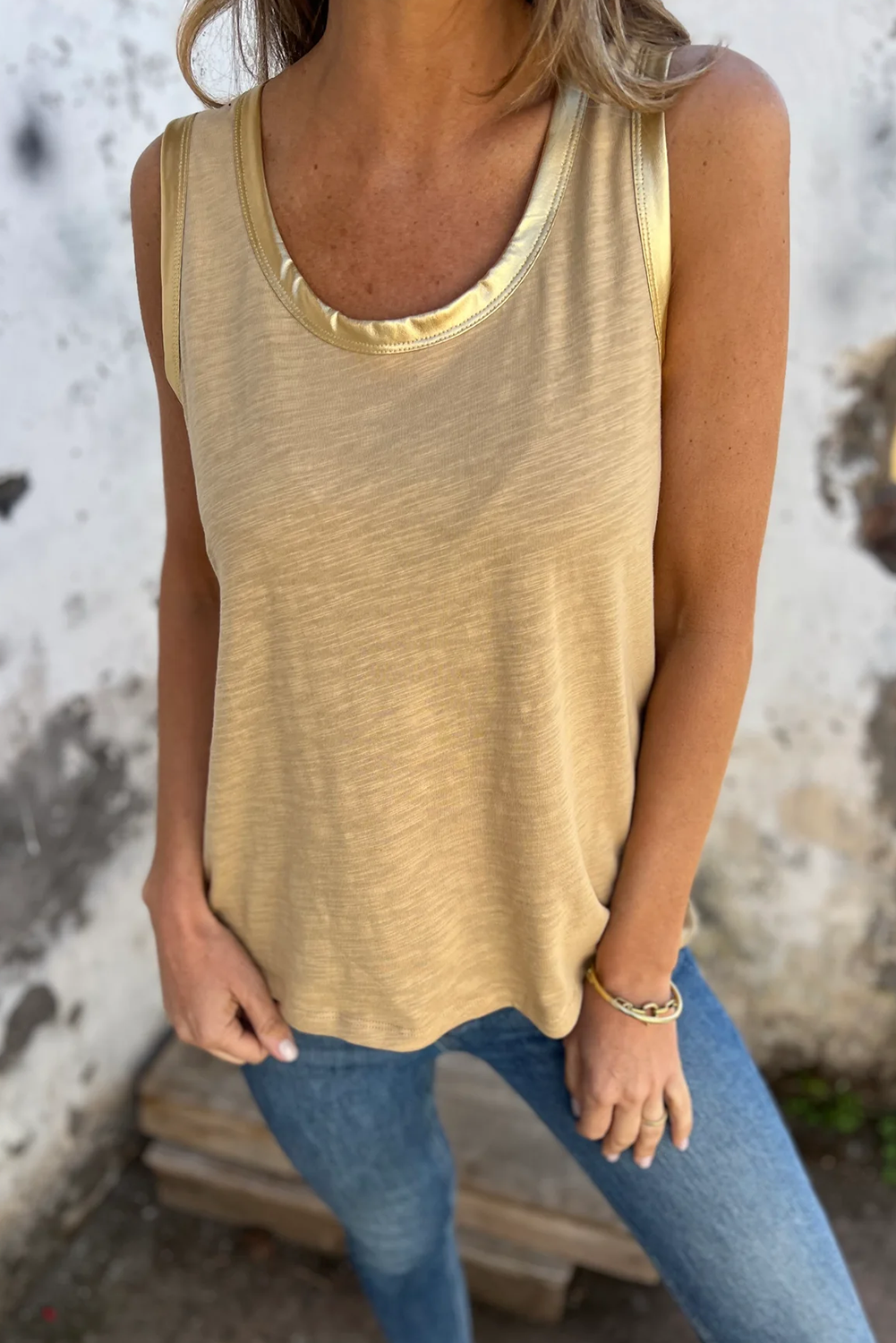 Tan Metallic Sheen Edge Scoop Neck Tank Top - loveforevers