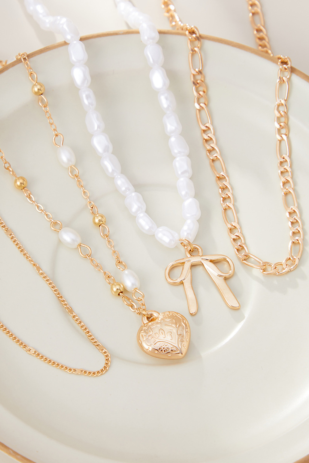 Gold Bow Heart Pendant Pearl Chaining Plated Necklace - loveforevers