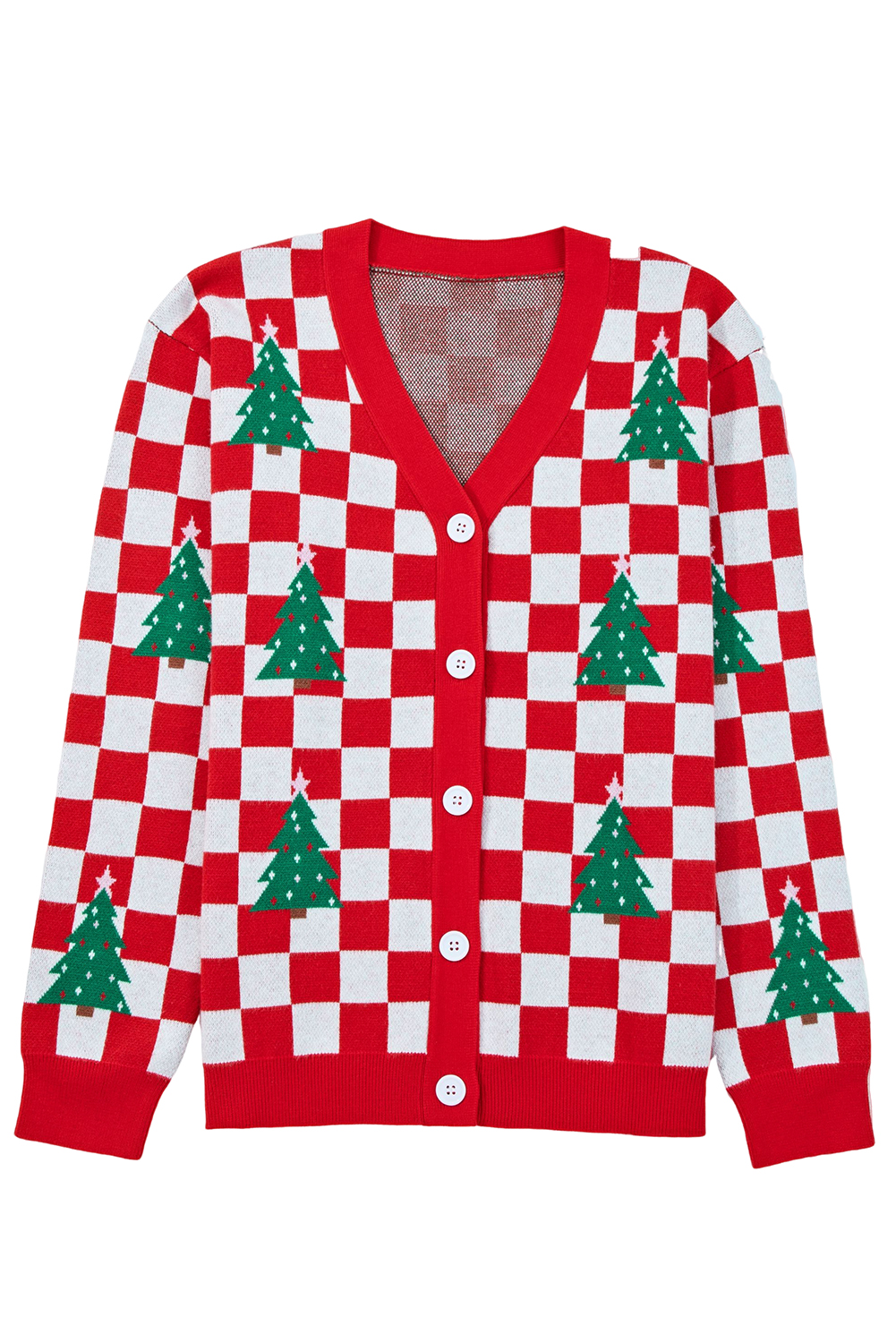 Pink Checkered Christmas Tree Pattern Button V Neck Cardigan Sweater - loveforevers
