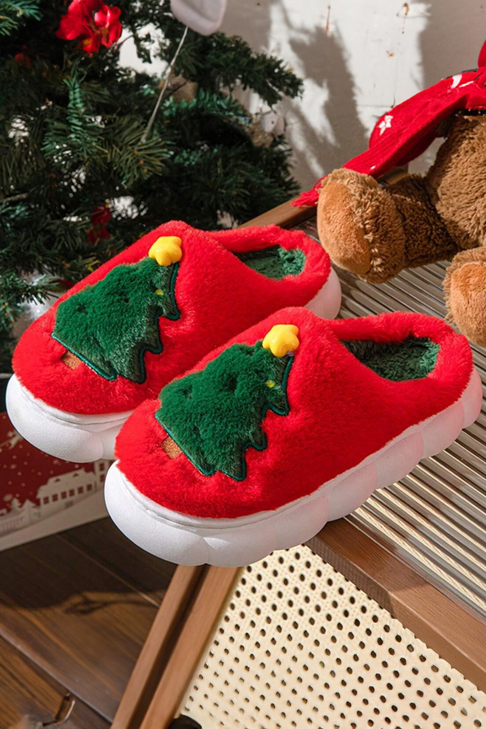 Fiery Red Christmas Tree Graphic Thick Sole Plush Slippers - loveforevers