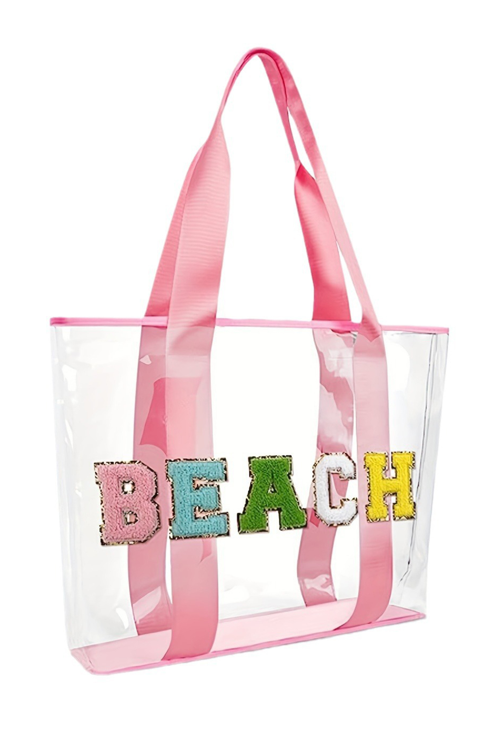 Pink BEACH Chenille Patched Large Clear PVC Shoulder Bag - loveforevers