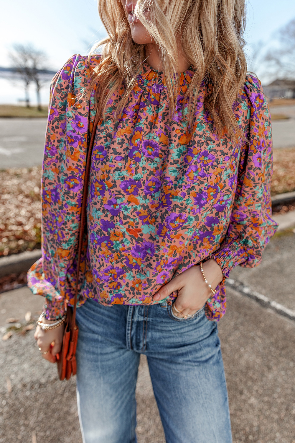 Purple Floral Allover Print Shirred Cuff Frilled O Neck Blouse - loveforevers