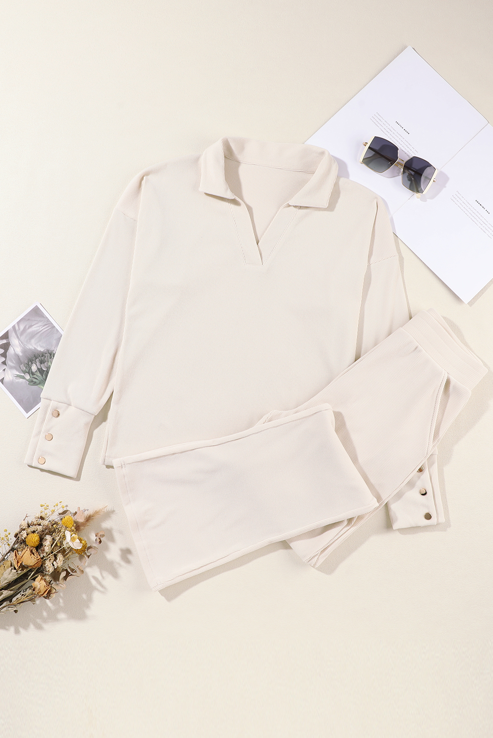 Beige Collared Split Neck Ribbed 2pcs Athleisure Outfit - loveforevers