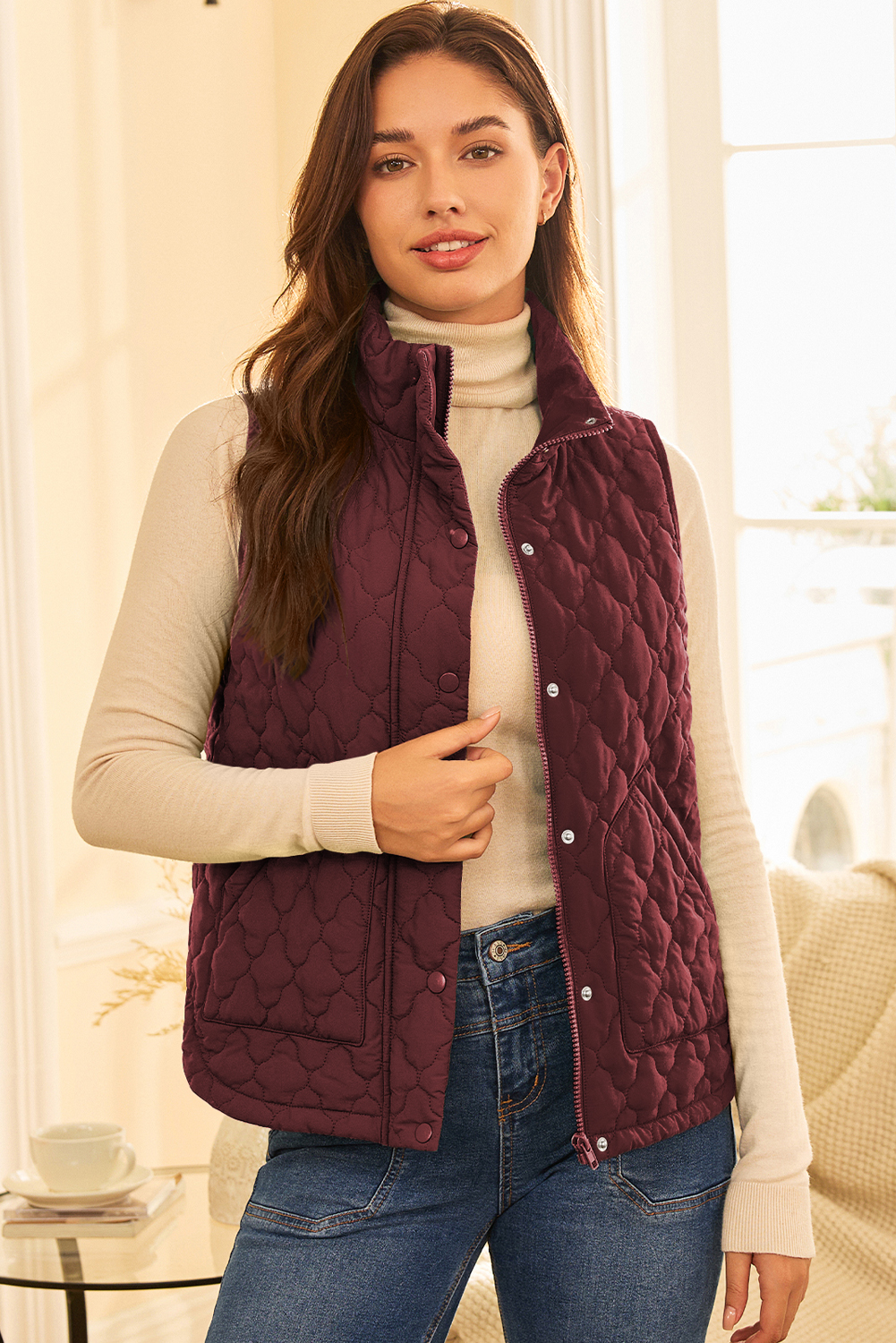 Wild Ginger Flower Shape Quilted Snap Button Zip Up Winter Vest - loveforevers