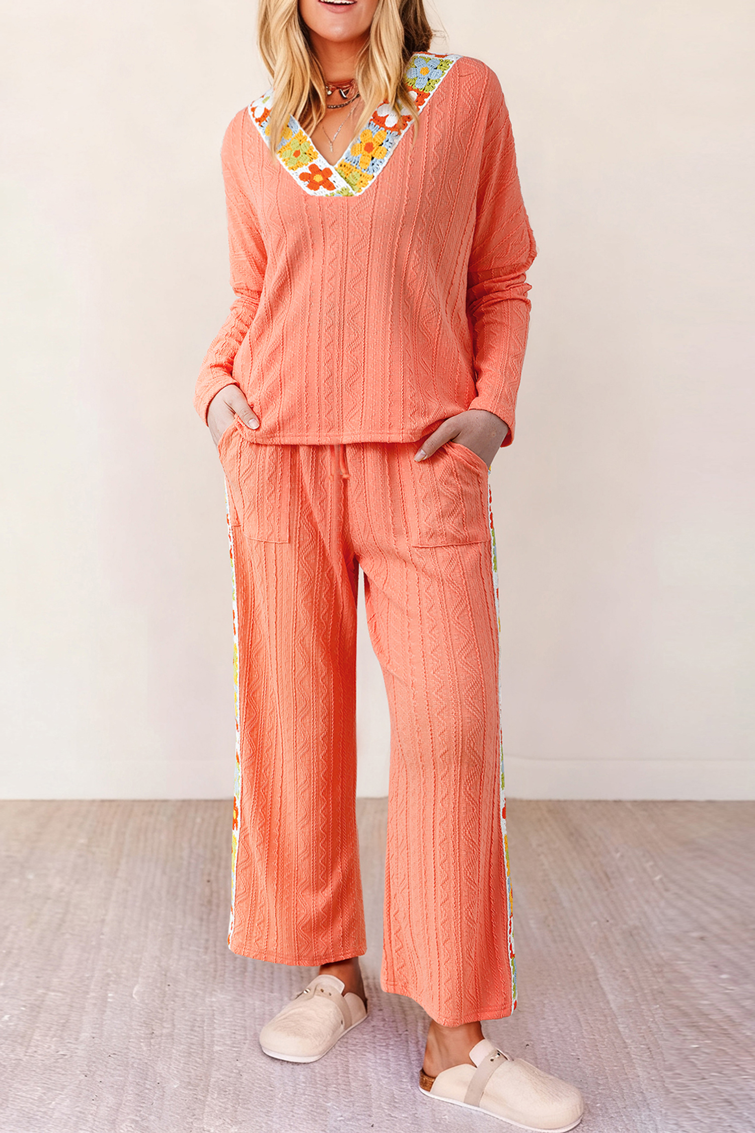 Grapefruit Orange Crochet Floral Accent V Neck Textured Pants Set - loveforevers