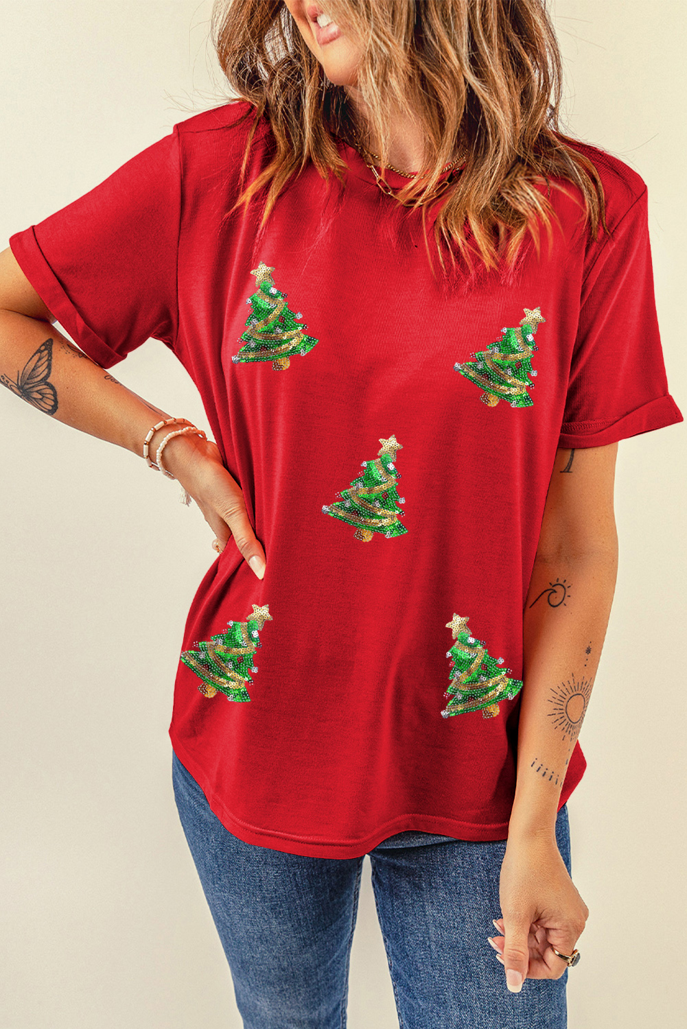 Red Sequined Christmas Tree Graphic Crewneck T Shirt - loveforevers