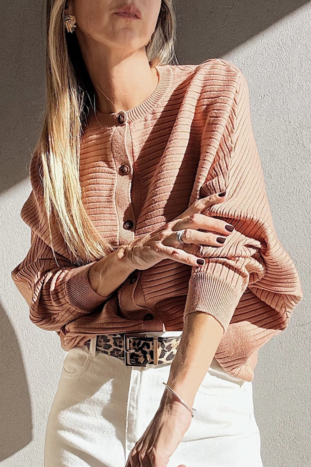Apricot Pink Wide Rib Knit Button Front Dolman Sleeve Sweater Cardigan - loveforevers