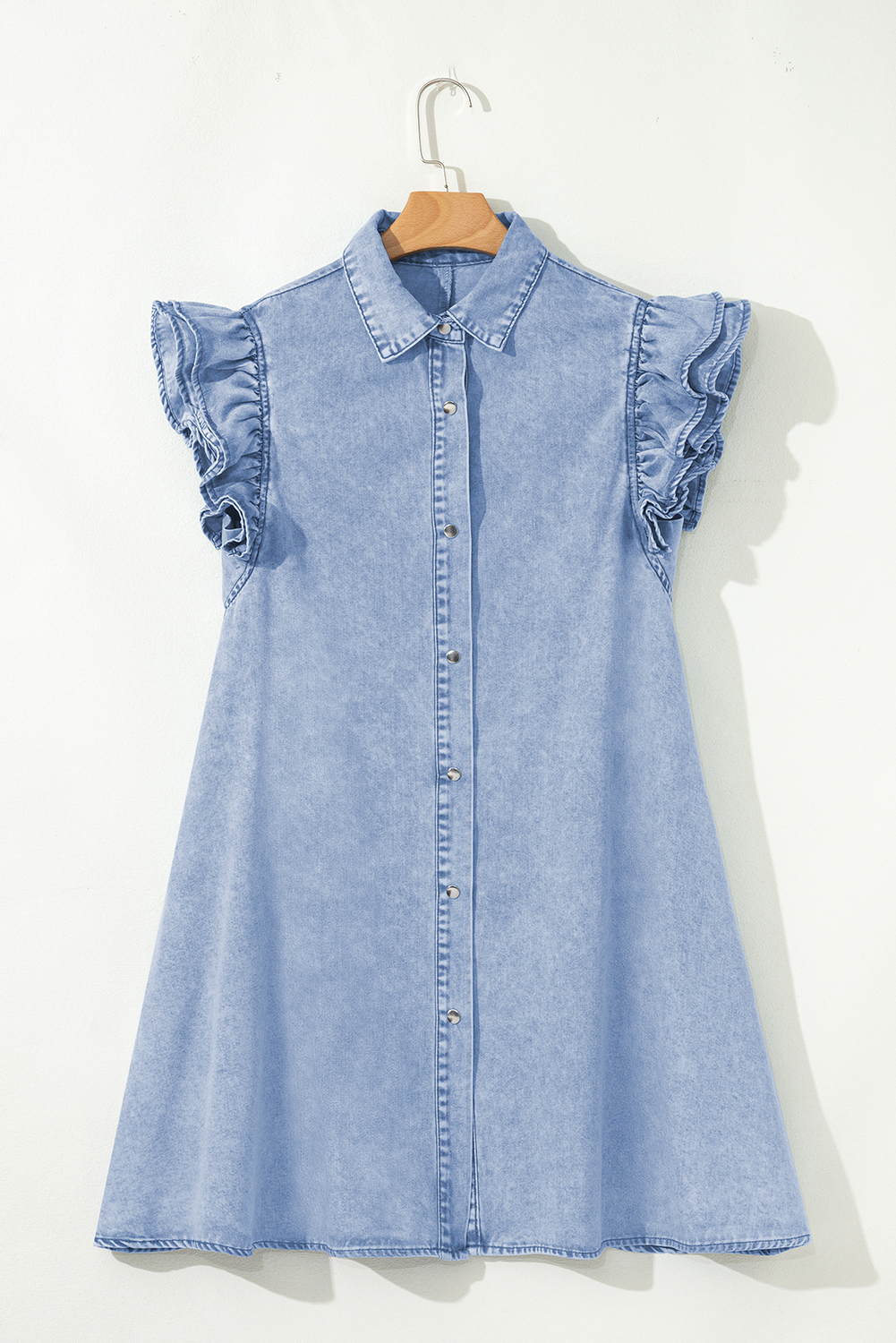 Beau Blue Double Ruffled Sleeves Buttoned A-line Collared Mini Denim Dress - loveforevers