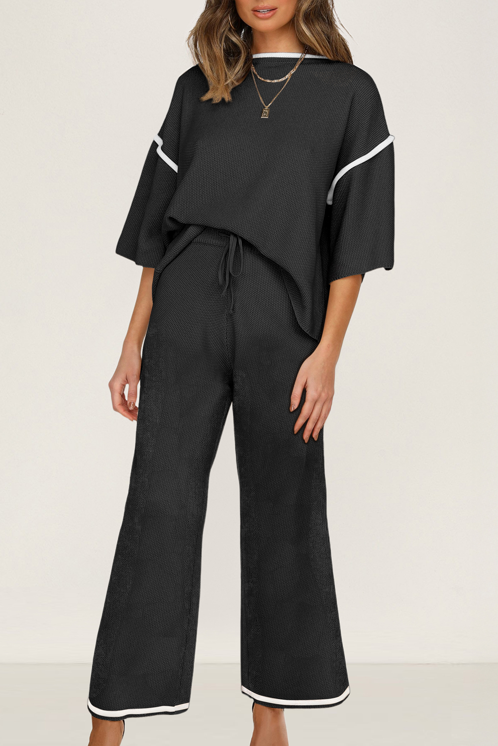 Blackish Green Contrast Trim Half Sleeve Top Drawstring Pants Loose 2pcs Sweater Suit - loveforevers