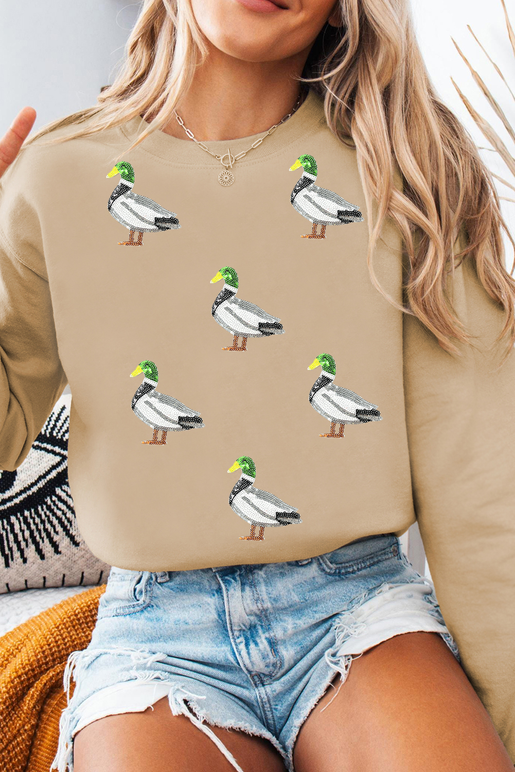 Khaki Sequin Mallard Duck Graphic Baggy Sweatshirt - loveforevers