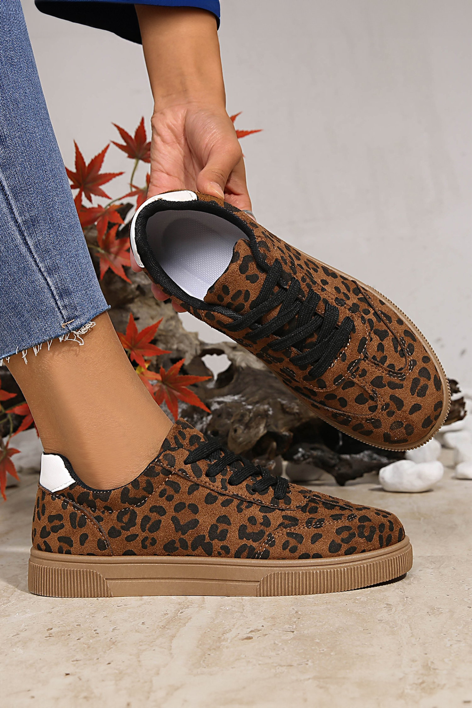 Coffee Leopard Print Contrast Heel Tab Patchwork Laceup Shoes - loveforevers