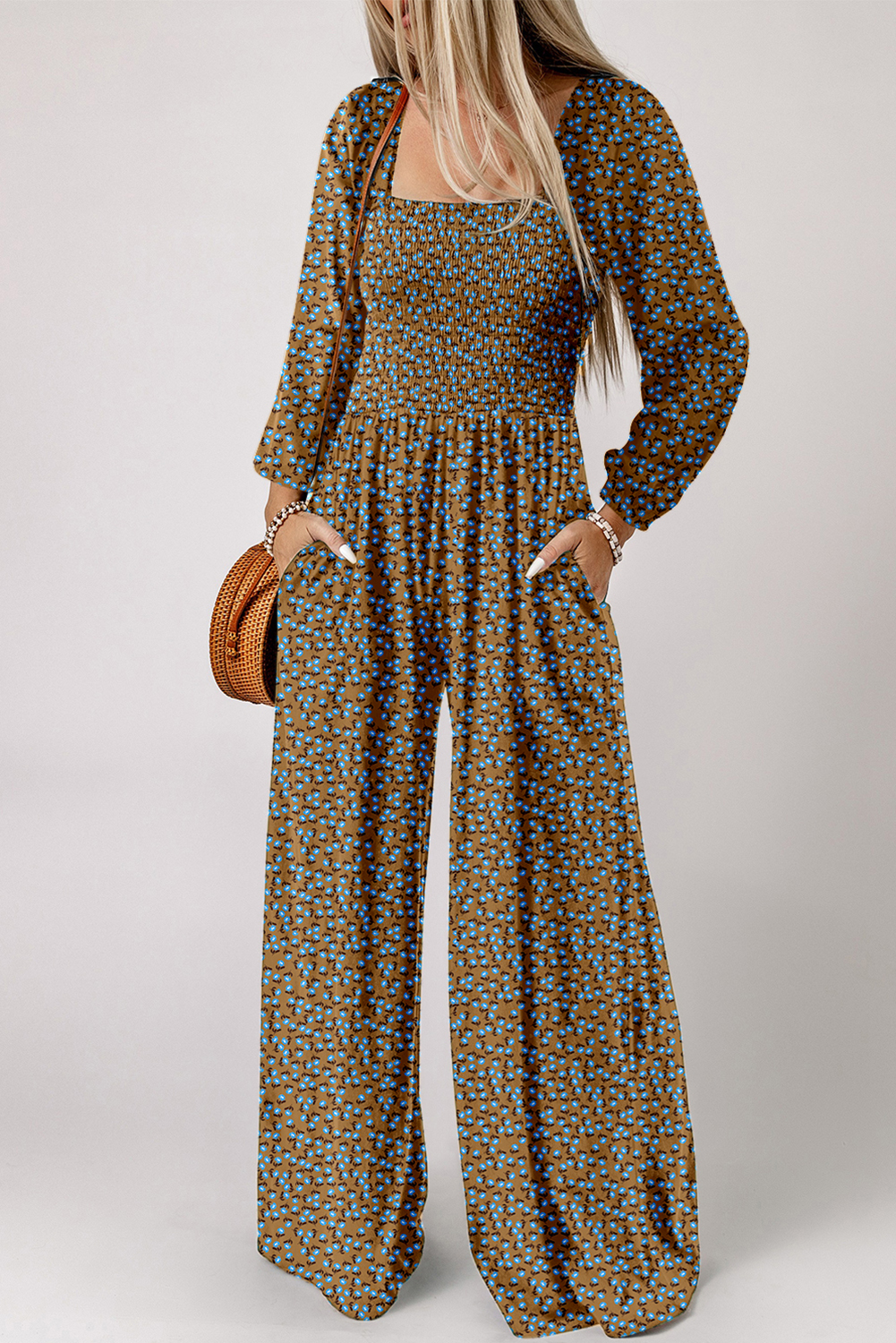 Brown Floral Print Western Smocked Bodice Square Neck Wide Leg Jumpsuit - loveforevers