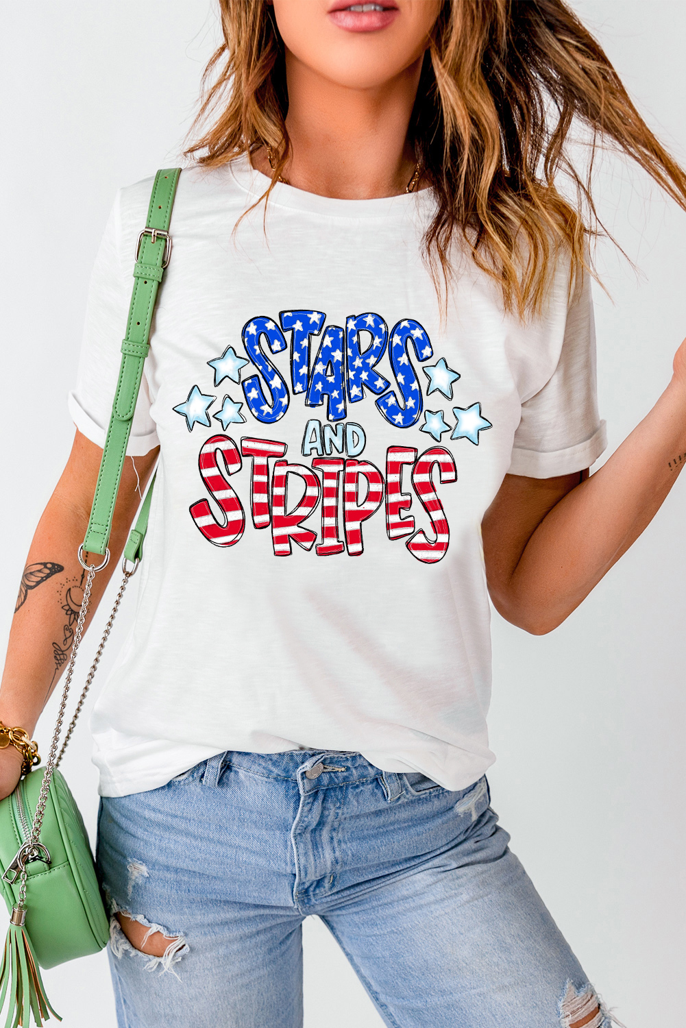White Stars and Stripes Round Neck Graphic T Shirt - loveforevers