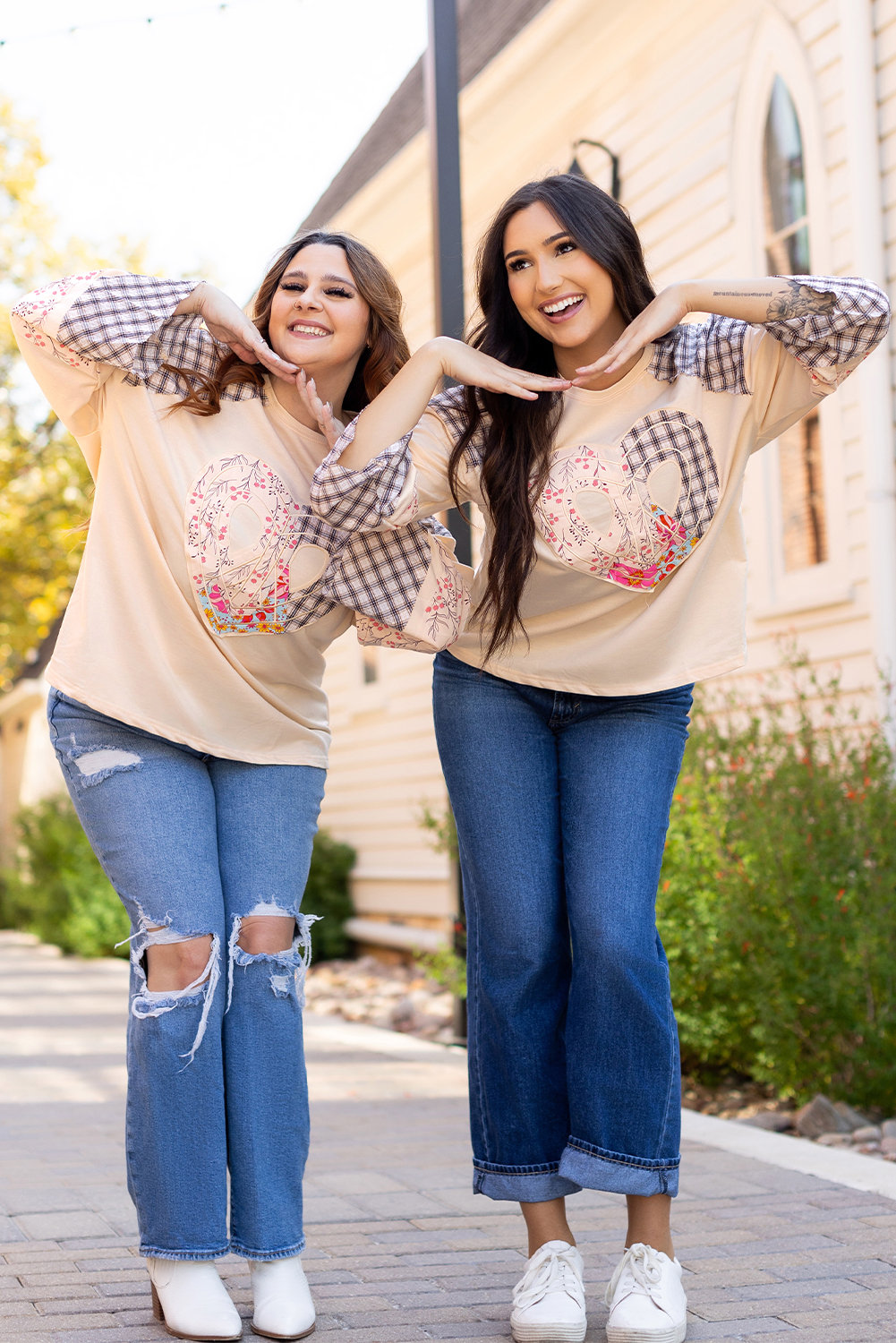 Beige Flower Patch Graphic Exposed Seam Wide Sleeve Top - loveforevers