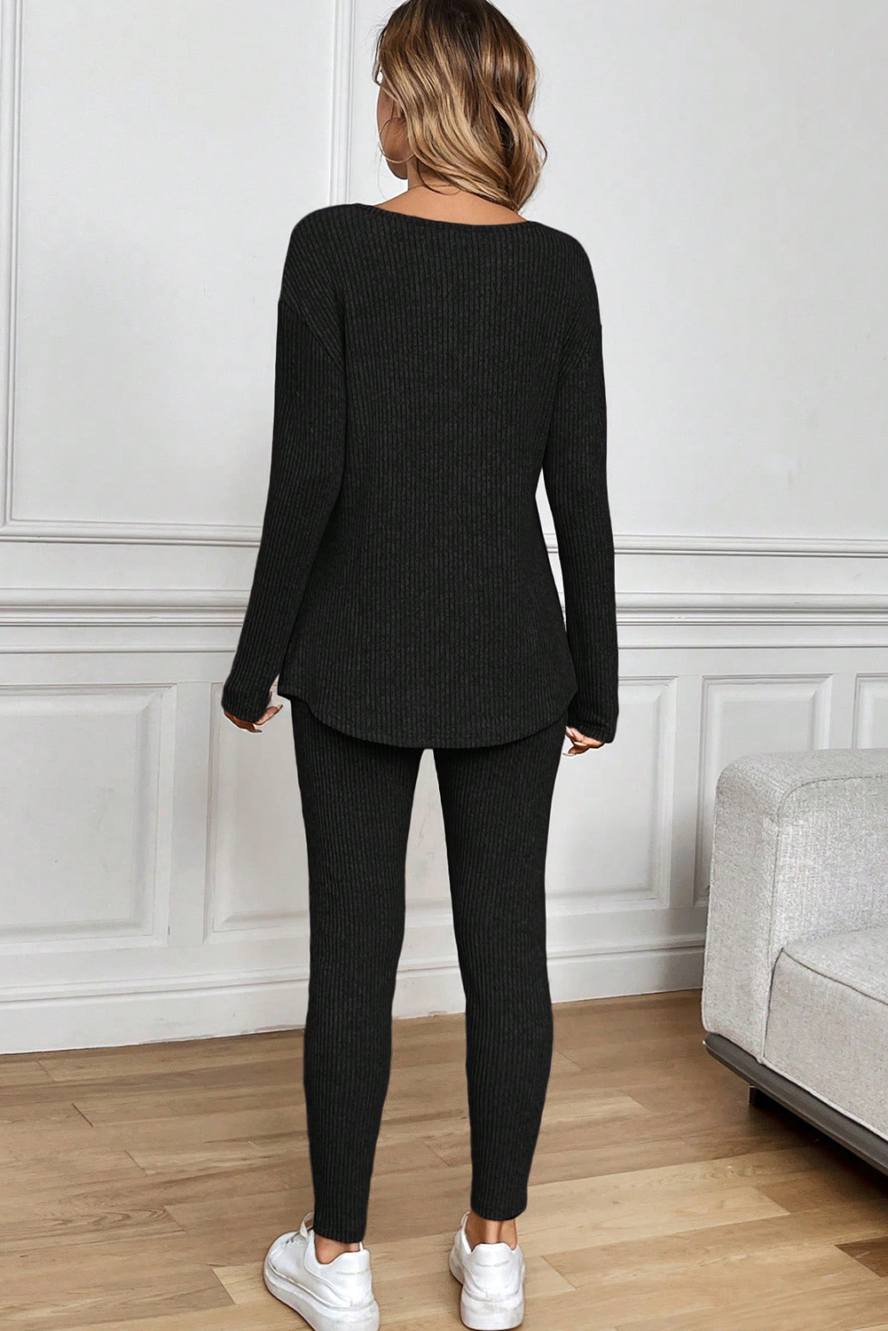 Black Ribbed Notched Neck Knit Long Sleeve Leggings Two Pieces Lounge Set - loveforevers