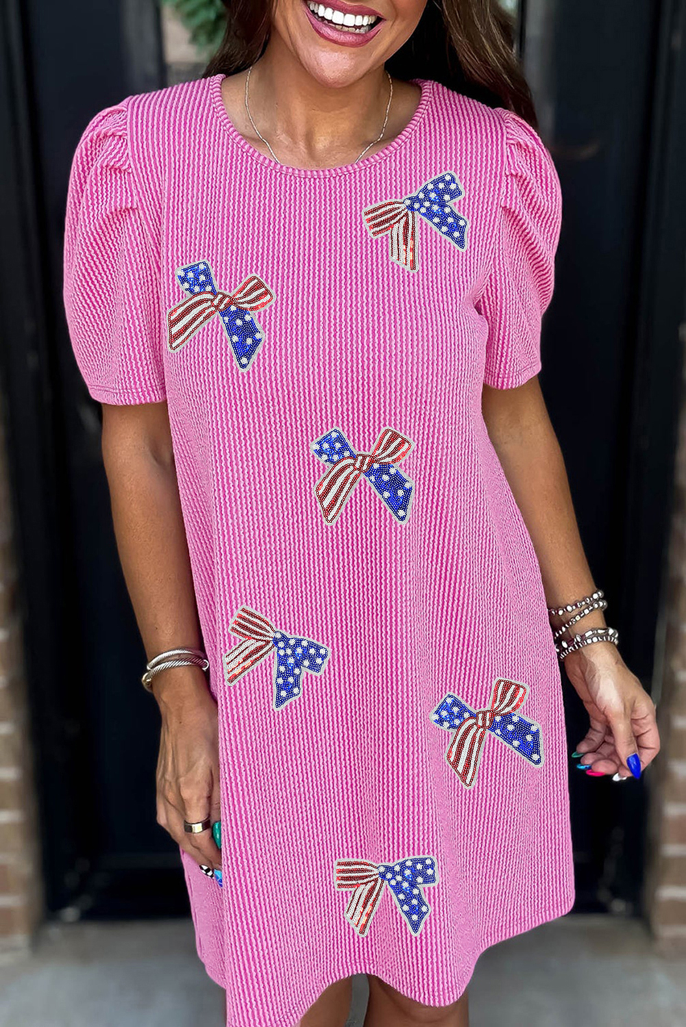 Bright Pink Flag Pattern Inspired Sequin Bow Spiral Ribbed Puff Sleeve T Shirt Dress - loveforevers
