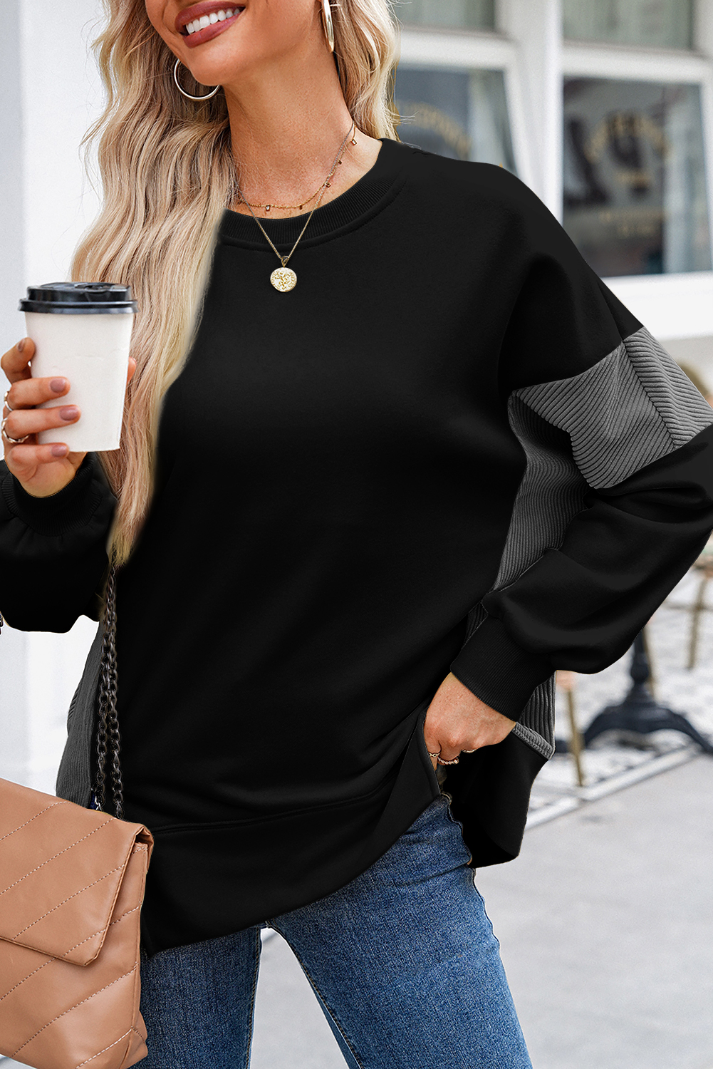 Black Corduroy Patched Side Slit Sweatshirt - loveforevers