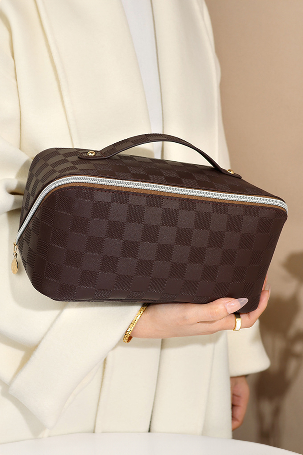 Chestnut Checkered Zipper Handle PU Leather Travel Makeup Bag - loveforevers