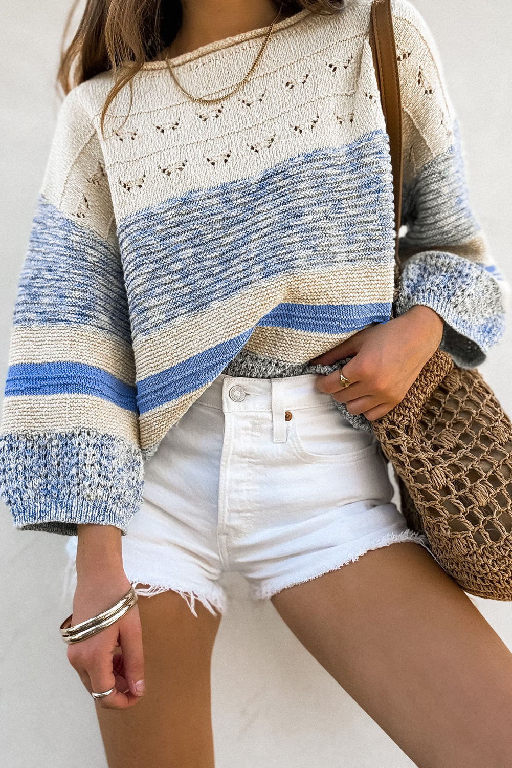 Light Blue Open Stitch Puff Sleeve Sweater - loveforevers