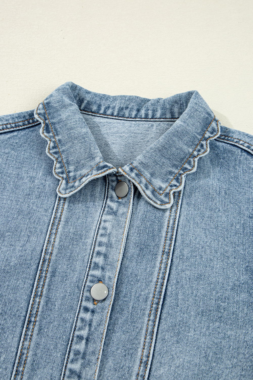 Myosotis Scallop Trim Collar Patched Pocket Button Up Mineral Washed Denim Jacket - loveforevers