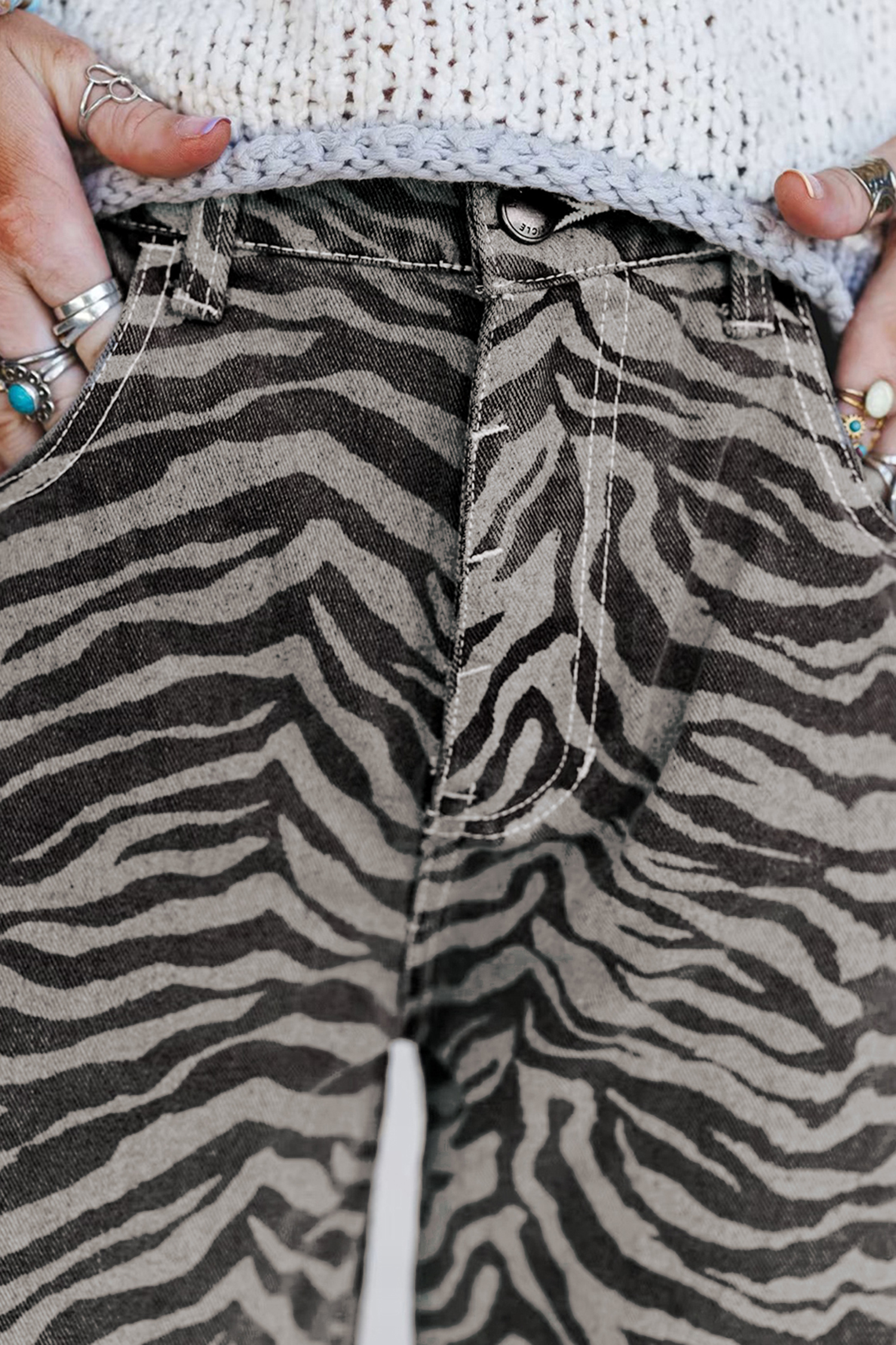 Gray Zebra Stripe Printed Wide Leg Jeans - loveforevers