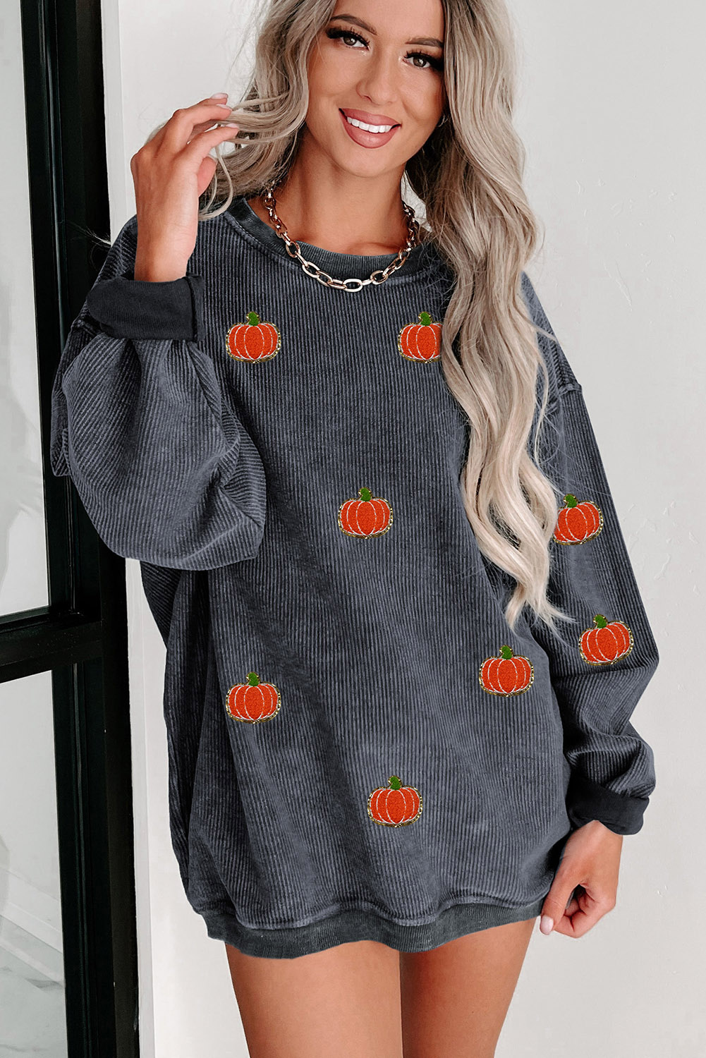 Gray Halloween Pumpkin Graphic Drop Shoulder Ribbed Sweatshirt - loveforevers