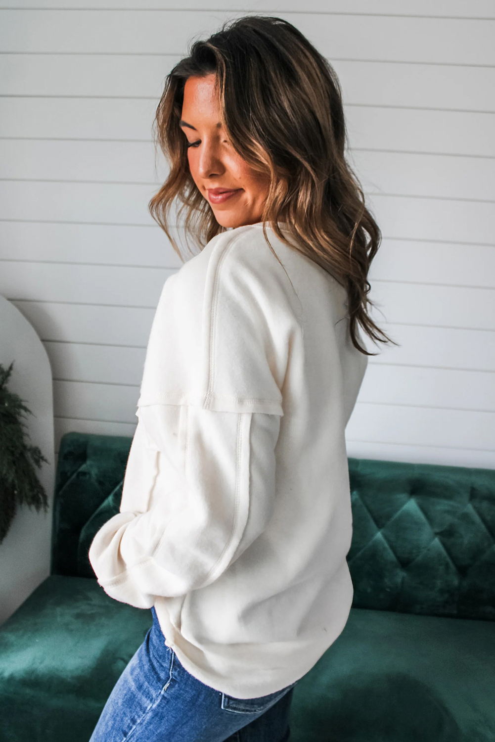 White Exposed Seam Chest Pocket Knit Pullover Sweatshirt - loveforevers