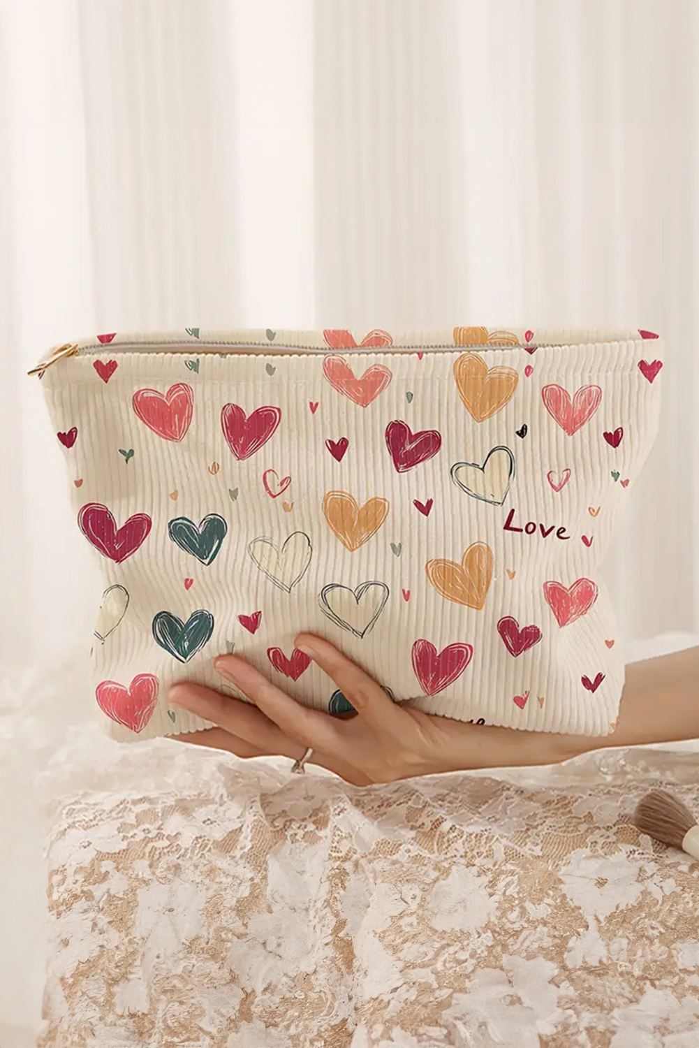 White Love Heart Print Ribbed Canvas Makeup Bag - loveforevers