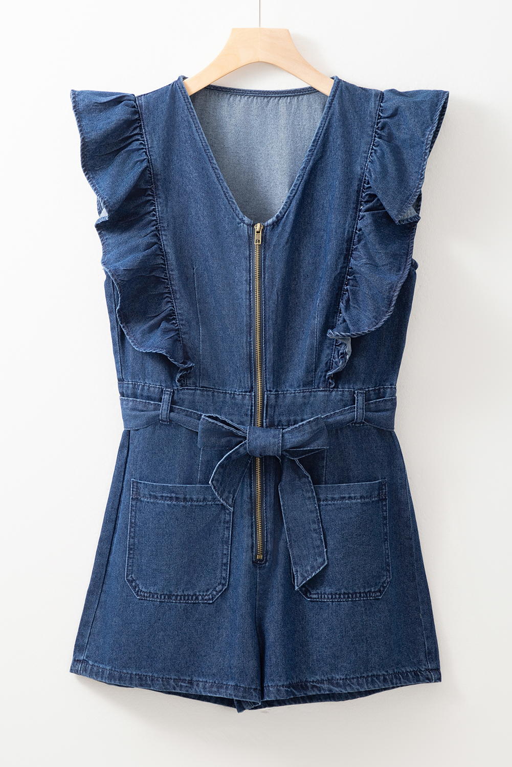 Sail Blue Denim Ruffled Zipped Front Belted Romper - loveforevers